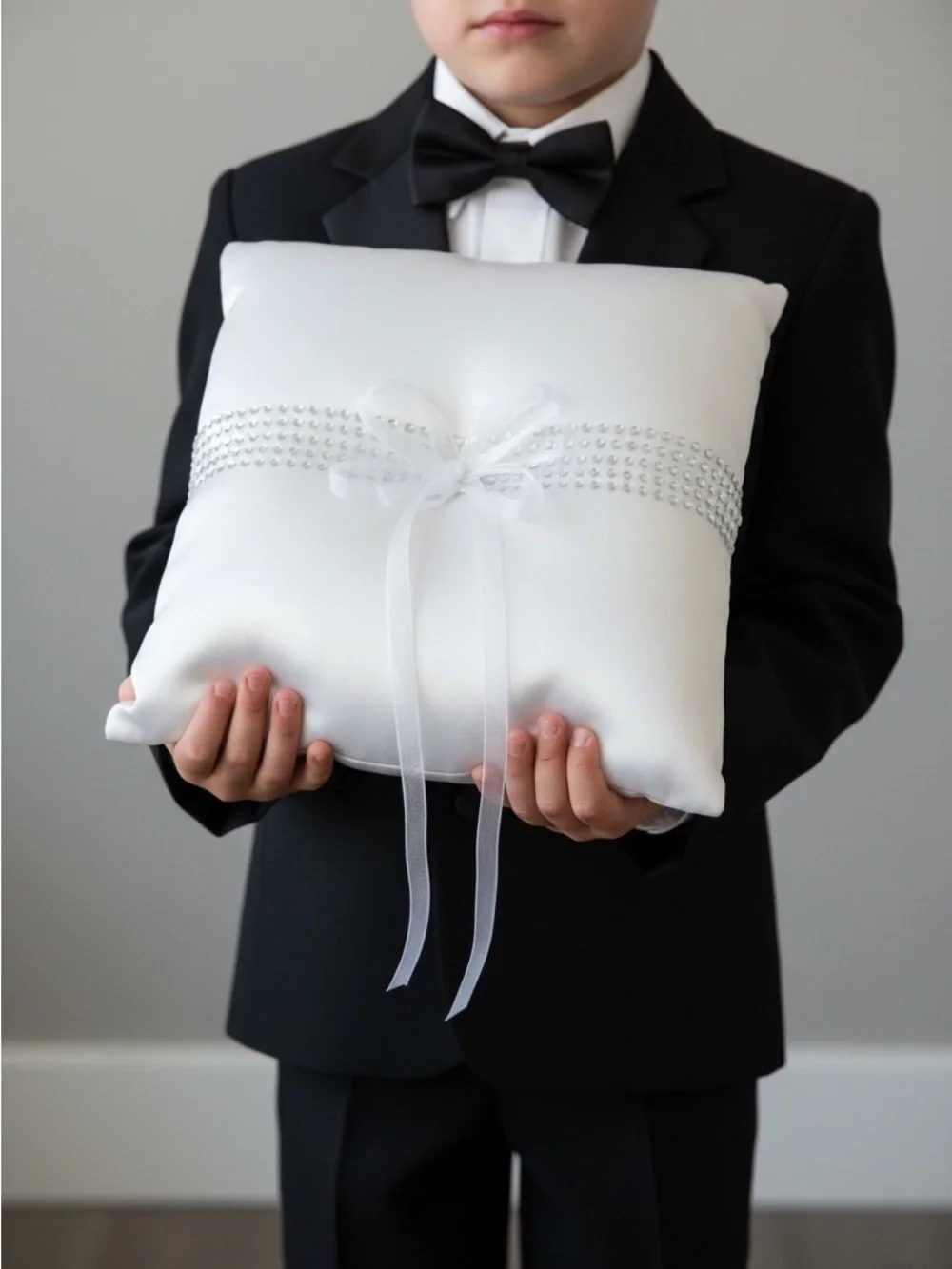 White Satin Ring Bearer Pillow with Ribbon and Rhinestone Trim